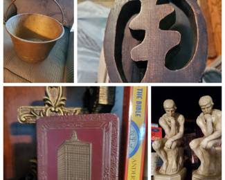 African Bookends, brass pail, and vintage bank.