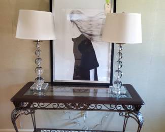 I love this look!  The table is a good size and is made of iron and glass.   The lamps are gorgeous. 