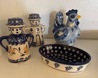 Polish small casserole, Salt & Pepper, and Folksy Rooster with Measuring Spoons as Tail