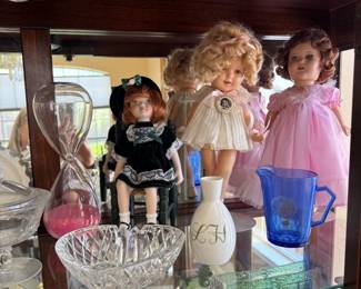 Shirley Temple Doll. Shirley Temple blue glass mug and more