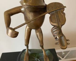 Brass Frog Sculpture Playing Violin on Lily Pad