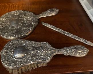 Vintage Sterling Dresser Set. Brush, Mirror, Handle for Comb