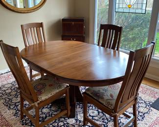 Amish Custom Made Cherry Wood Dining Table with 2 Leaves, 4 Mission Style Side Chairs