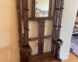 Antique Carved Mahogany Figural Hall Tree with Mirror/Seat/Drawer