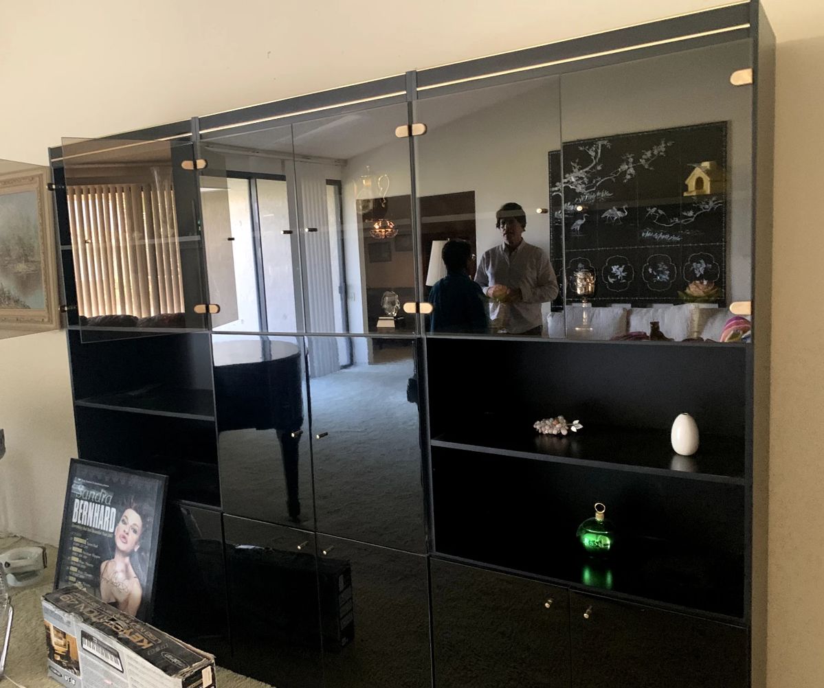 Extraordinary Black Lacquer and Glass Three Section Wall Unit