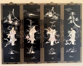 Chinese Four Panel “Seasons” Black Lacquer Wall Hanging
