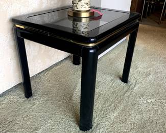 Pair of Hollywood Regency Black Lacquer/Brass Band Side Table with Inset Glass
