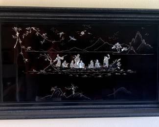 Black Lacquer and Mother of Pearl Chinese Framed Wall Art

