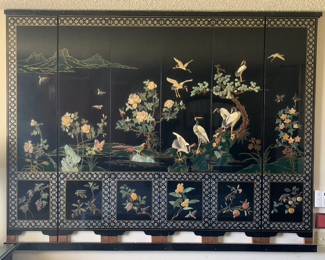 Incredible Chinese Six Panel Black Lacquer and Mother of Pearl Screen, Large

