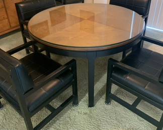 Vintage Basset Round Asian Style Dining Table , Eight Basset Black Leather and Wood Arm Chairs