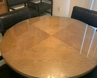Vintage Basset Round Asian Style Parquet Wood Dining Table w One Leaf
