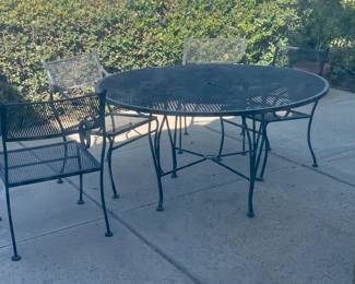 Vintage Woodward Round Wrought Iron Dining Table and Four Chairs
