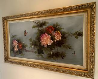 Large Chinese Peony Oil Painting with Gilded Framed