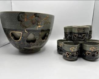 Vintage Japanese Golden Horse cups & punch bowl. Double walled. Obori Somayaki. 