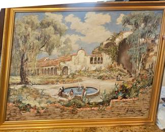 Large Leonard Borman oil painting of Mission San Juan Capistrano.