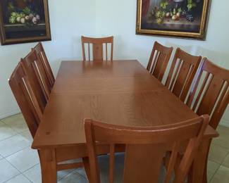 Mission style beautiful solid wood huge dining table w/8 chairs, matches hutch