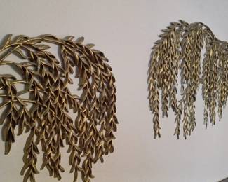 Mid Century Modern Burwood Willow Branch Wall Hangings, Gold Tone Weeping Willows, Hollywood Regency