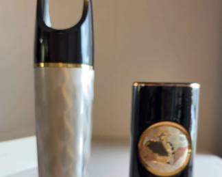 PPE170 Vintage Chokin Art Vase Set - Engraved Silver & Black Lacquer with Gold Trim