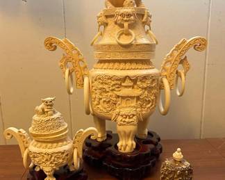 PPE281- “Ivory” Like Vase Carvings 