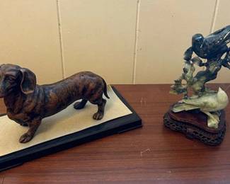 PPE282- Jade Like Bird Carving And A Metal Dachshund