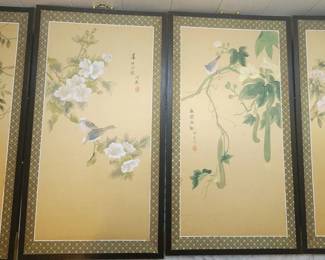 PPE112 - Vintage 4-Panel Hand Painted Silk Screen Birds 
