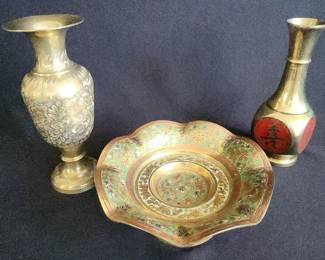 PPE070 - Vintage Brass Pedestal Bowl and Two Brass Vases 
