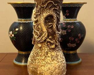 PPE264- 1863 Chinese Cloisonne Vases And A Carved Vase