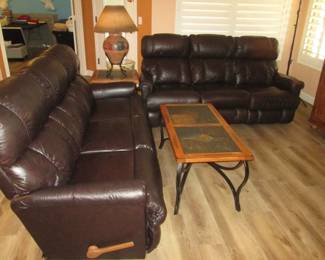 2-80" La-Z-Boy Leather Sofas + Matching Coffee Table, 42" X 21" & End Table
