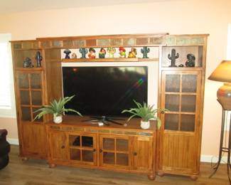 Entertainment Unit, Tile Inlays & Bun Feet, 107" X 24" X 75" Matching Floor & Table Lamps