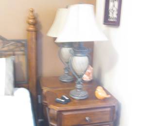 2-Matching Nightstands + 2-Urn-Style Metal Lamps