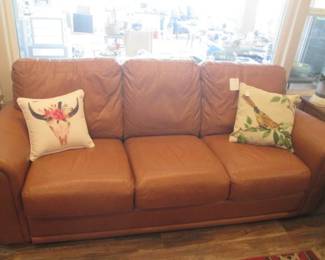 96" Leather Sofa, Tan Brown, Stitched Pattern Detail on Cushions