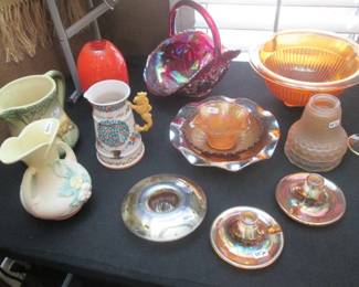 Cranberry Glass Basket, Carnival Glass Bowl, Marigold Mixing Bowl
