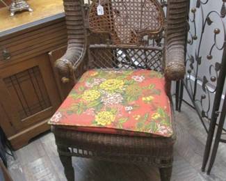 Victorian Wicker Arm Chair & Floral Cushion