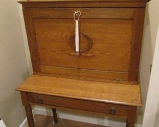 Oak Victorian Drop-Front Bookkeeper's Desk, (2-Piece) 36" X 20" X 58" High