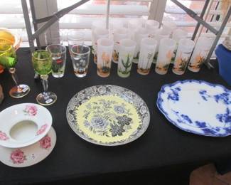 Older Spittoon, Flow Blue Platter, Frosted Arizona Cactus-Themed Glasses, "Blakely Oil", 1950's-1960's