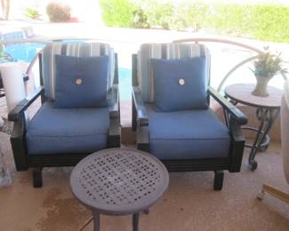 Pair of Patio Chairs & Cushions + Accent Tables