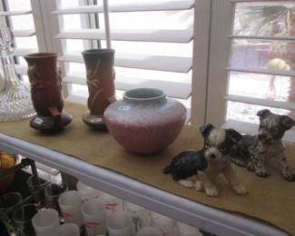 Cast Iron Dog Doorstops, C-Early 1900's. 2-Roseville Vases, Floral Theme.