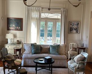 Beautifully appointed living room. We will be adding a fabulous pair of Fortuny covered bergeres ❤️❤️