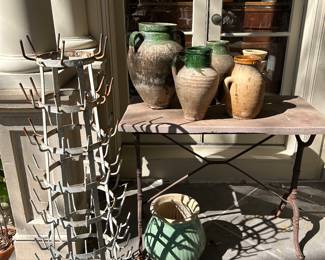 Selection of confiit jars, iron base console, old iron wine rack