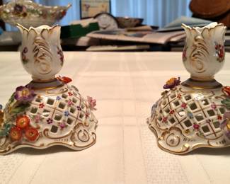 Antique Porcelain Floral Candlesticks