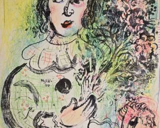 Marc Chagall 1963 "Clown with Flowers" Lithograph
