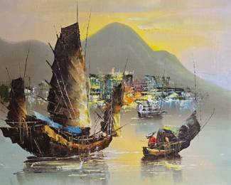 Original Mid Century Asian Ship Painting
