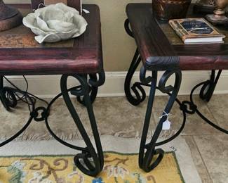 Matching wood and iron end tables