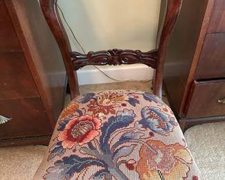 Antique grow back chair, hand, needle point seat