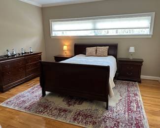Bedroom set king size sleigh bed, two end tables, and dresser
