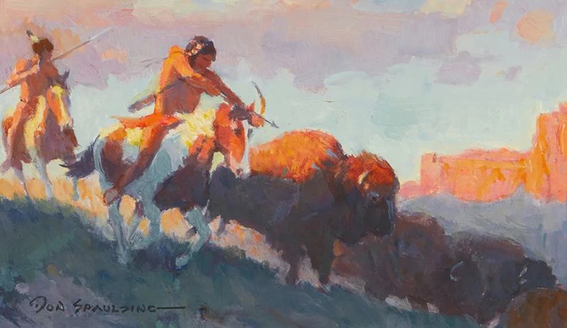 1
Donald Spaulding
1926-2021
Hunting bison
Oil on illustration board
Signed lower left: Don Spaulding
Sight: 4" H x 6.75" W
Estimate: $500 - $700
