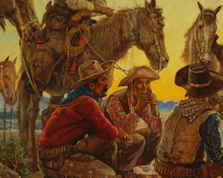 73
Hernando Gonzallo Villa
1881-1952
"Saddle Pals," 1943
Oil on canvas laid to board
Signed and dated lower left: Hernando G. Villa / 43; signed again, titled, and inscribed in ink, all verso
42" H x 31.5" W
Estimate: $4,000 - $6,000