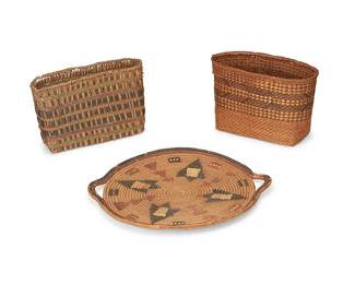 232
Three Northwest Coast basketry items
Early/mid-20th century
Comprising two twined Makah baskets, one with imbricated checkered design, and a handled coiled tray with imbricated arrow point motifs
3 pieces
Each basket: 6.25" H x 10" W x 4.5" D; Tray: 14.25" W x 12.25" D
Estimate: $100 - $200