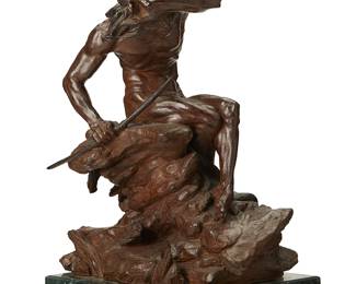 33
Edward James Fraughton
1939-2024
"Mystery of the Anasazi," 1987
Patinated bronze on marble plinth
Edition: 16/30
Signed, dated, and numbered in the casting: Edward J. Fraughton ©
Bronze: 18.25" H x 16.75" W x 11" D; Overall: 20.5" H
Estimate: $1,500 - $2,500