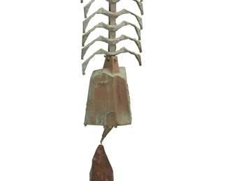 165
Paolo Soleri (1919-2013)
A large Cosanti wind bell, mid/late 20th century; Paradise Valley, AZ
With cast Paolo Soleri cipher
The cast bronze bell with clapper, upper centipede element, and sheet copper fin
Overall: 37" H; Bell and upper portion: 26" H x 10.5" W x 7.5" D; Fin: 11.5" H x 7" W
Estimate: $700 - $900